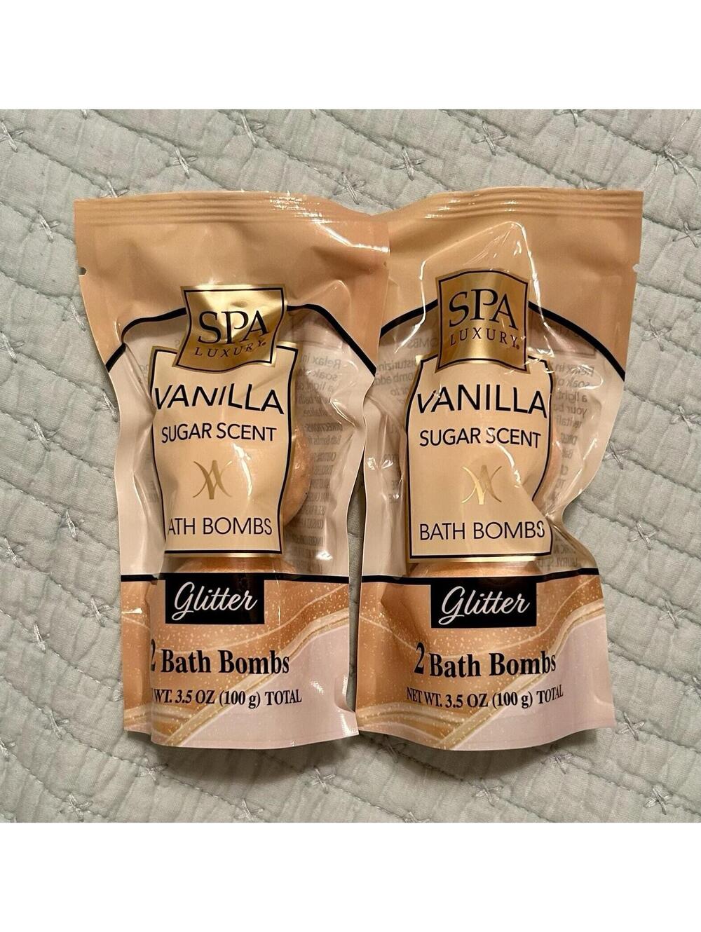 2 Packs 2pc Spa Luxury Gold Glitter Vanilla Sugar Scent Bath Bombs Relax 4 total